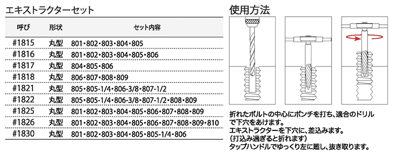 ライト精機 丸型エキストラクターセット (ボルト抜き) 製品規格