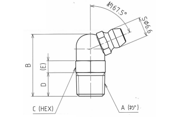 鉄 グリスニップル 斜め角度タイプ(B型)角度：67.5° 製品図面