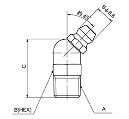 鉄 グリスニップル PT(B型) (JIS規格45度)(三和金属工業) 製品図面