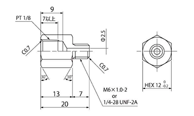 ステンレス SUS303 グリスアダプター(オス+メスネジ変換)(三和金属工業) 製品図面