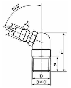 ステンレス SUS303 グリスニップル (B型)角度：67.5°(栗田製) 製品図面
