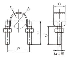 A10633 アカギ どぶめっきUボルト (SGP管用のUバンド)(溶融亜鉛めっき仕上げ) 製品図面
