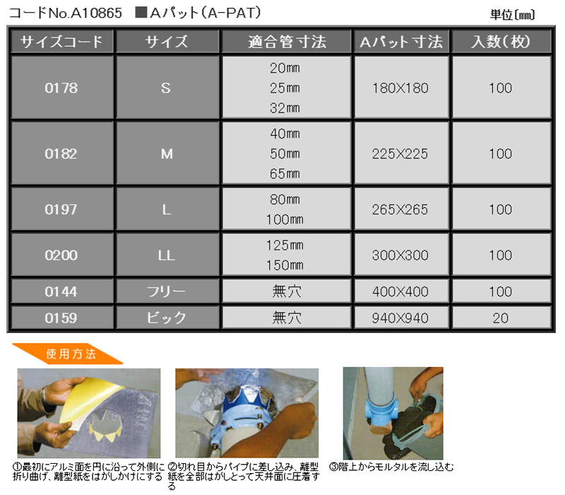 A10865 Aパット(モルタル穴埋め用受け材) 製品規格