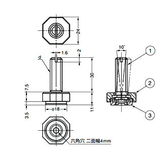 鋼 八角アジャスターMK8AD型 首振り機能付き (底部 エラストマー樹脂) 製品図面