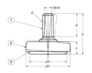 鋼 アジャスターMKR型 首振り機能付き (底部 エラストマー樹脂)(ミリ、インチ) 製品図面