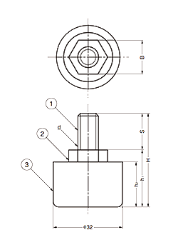 鋼 アジャスターSAJ型 自動調節機能付き 調整幅6mm (底部 PE樹脂)(ミリ、インチ) 製品図面