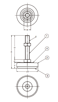 鋼 アジャスターADW型 (底部・CRゴム、十字穴付) 製品図面