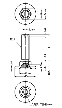 鋼 レベリングボルトKYW型 (上部 スリワリ入り、底部 六角穴付) 製品図面