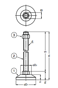 鋼 ロングボルトアジャスターLB型 (底部・十字穴付) 製品図面