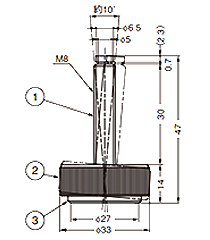 鋼 アジャスターMKR-N32DG32型 首振り機能付き (底部 エラストマー樹脂)(ミリねじ) 製品図面