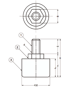鋼 アジャスターSAJ型 自動調節機能付き 調整幅3mm (底部 PE樹脂)(ミリ、インチ) 製品図面