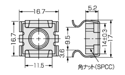 鉄 スナップナット SPN-3C (ハメ込み 脱落防止型ナット)(カメダデンキ) 製品図面