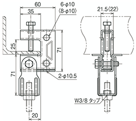 ネグロス 一般形鋼 リップみぞ形鋼用吊りボルト支持金具 (HB1T W/ フランジ厚3～24) 製品図面