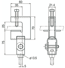 ネグロス 一般形鋼 リップみぞ形鋼用吊りボルト支持金具 (HB1FN/ フランジ厚3～24) 製品図面
