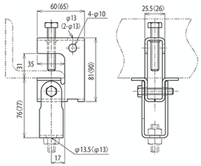 ネグロス 一般形鋼用 吊りボルト支持金具 (HB25/ フランジ厚5～30) 製品図面