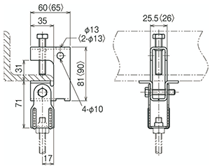 ネグロス 一般形鋼用 吊りボルト支持金具 (W3/8タップ付)(HB25T-W3/ フランジ厚5～30) 製品図面