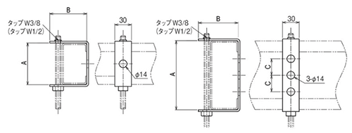 ネグロス リップみぞ形鋼用吊りボルト支持金具 (RYF-H-W)(インチ・ウイット) 製品図面