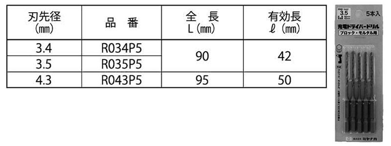 ミヤナガ 充電ドライバードリル 5本入り (ブロック・モルタル用) 製品規格
