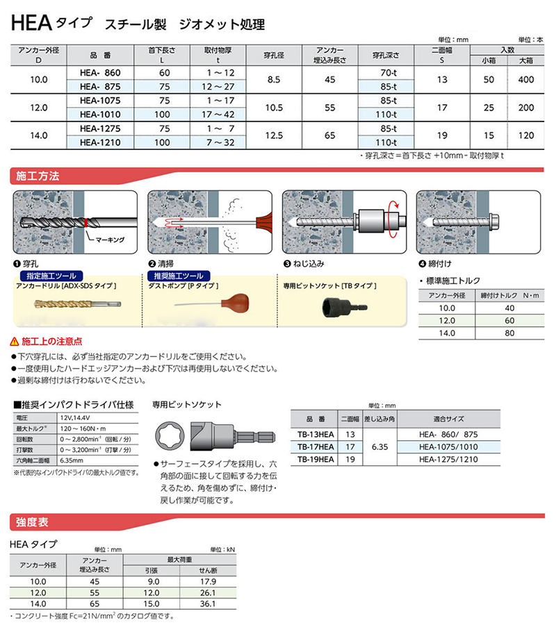 鉄 ハードエッジアンカー HEA(六角頭)(コンクリート用ビス)(サンコーテクノ) 製品規格