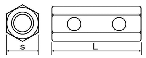 鉄 トルコンアンカー用同径高ナット(ねじ継手・長さ調整用)2ツ穴付 製品図面