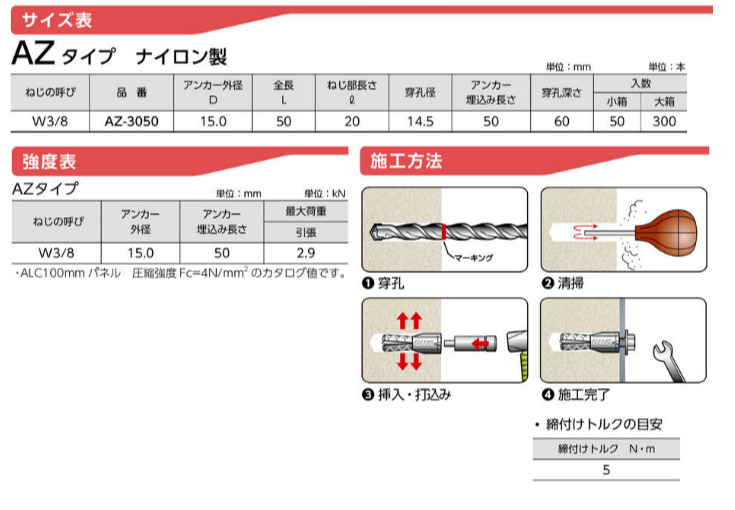 サンコーテクノ エーエルシーアンカー(AZめねじタイプ)(打込み式・ナイロン製)(インチ・ウイット) 製品規格