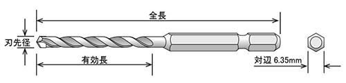 ユニカ 充電磁器タイル用ドリルビットTJタイプ (6.35六角軸シャンク) 製品図面