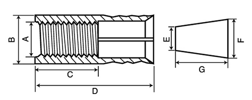 ステンレス プラグアンカー(AY)(メネジタイプ・本体打込式)(ミリ・インチ) 製品図面