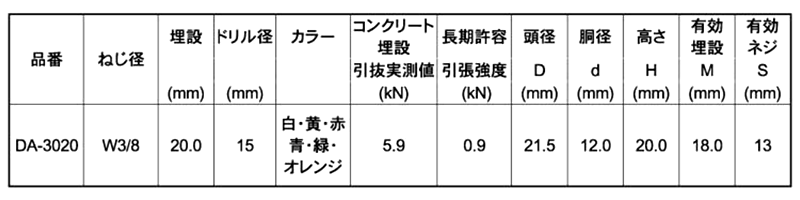エヌパット デッキアンカーDA(デッキプレート用)(一般スラブ用)(各色) 製品規格