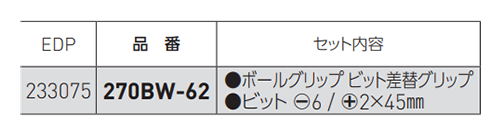クッションスタビー 差替ドライバー No.270BW-62(+2/-6) 製品規格
