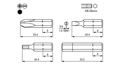 ベッセル ショートビットB33(対辺)(差込6.35) 製品図面