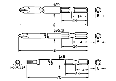 ベッセル ドライバービット B34(対辺5mm軸)(組立専用ビット) 製品図面