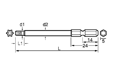 TORXビット タンパプルーフ)(NT)(六角軸5.0x14L)(ピン付き) 製品図面