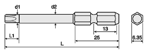 TORXビット タンパープルーフ用(V)(六角軸6.35mm・ピン付き) 製品図面