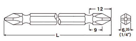 エイト (10本組) 両口プラスビットEA-02 (磁性無し)(シャンク6.35x9mm) 製品図面