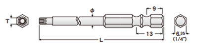 エイト TORXビットEA-33S (ピン穴無し/先細)(T●)(シャンク6.35x9mm/13mm) 製品図面