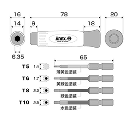 アネックスツール(ANEX) ヘクスローブ 精密ドライバーセット(T5～T10： 4本組ビット差替式)(NO.3610-S1)(トルクス) 製品図面