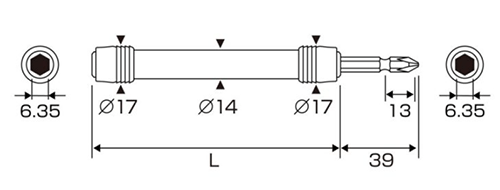 アネックスツール(ANEX) 強靭ロングビットホルダー (ALHP)(対辺6.35mm六角軸) 製品図面