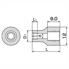 TONE E型トルクスソケット(2TX-E)(差込角6.35mm(1/4) 製品図面