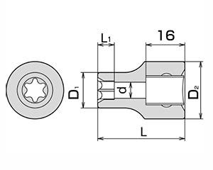 TONE E型トルクスソケット(4TX-E)((差込角12.7mm(1/2) 製品図面