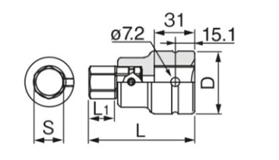 TONE インパクト用ヘキサゴンソケット(六角穴付きねじ用)(8AH)(差込角25.4mm) 製品図面