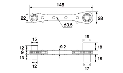 トップ工業 ラクラッチ(ロング4サイズ板ラチェットレンチ) PRW-L(S) 製品図面