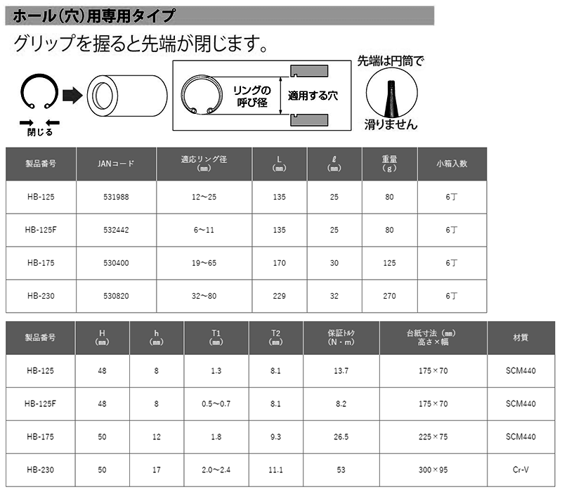 トップ工業 スナップリングプライヤー(穴用 曲爪)HB 製品規格