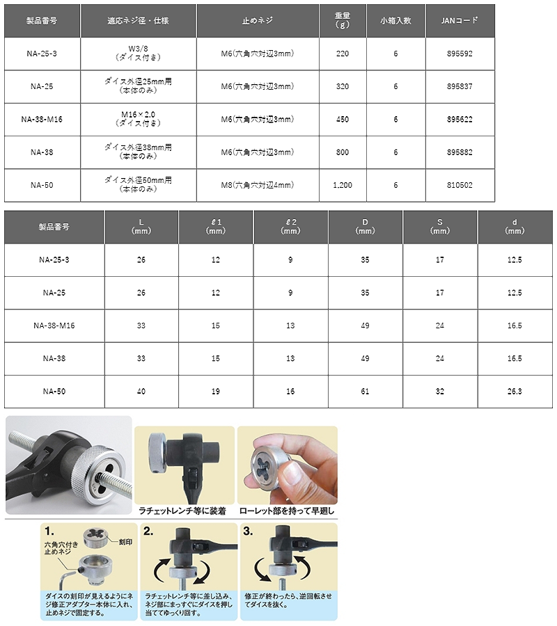 トップ工業 ネジ修正アダプター (12角ソケット対応)(NA-) 製品規格