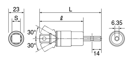 トップ工業 電動ドリル用アルファ ユニバーサルソケットアダプター(自在形)(18V対応)(EUA-DX) 製品図面