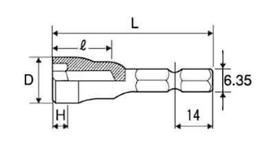 トップ工業 電動ドリル用ソケット ショートタイプ(六角軸6.35mm)(EHS-) 製品図面