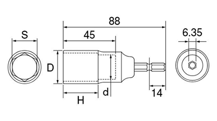 トップ工業 電動ドリル用コンパクトソケット (六角ボルト用)(EDS-C)(対辺6.35mm軸) 製品図面