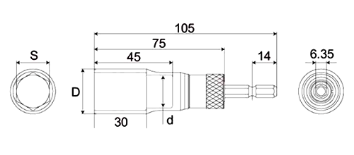 トップ工業 電動ドリル用替軸ソケット (六角軸6.35mm)(ESK) 製品図面