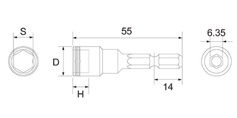 トップ工業 ヘクスセッター (ボール付) (六角ボルト用ボックスビット) (EHX-B)(対辺6.35mm軸) 製品図面