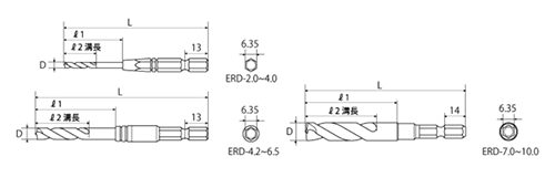 トップ工業 六角軸 鉄工用薄板ドリル (ERD) 製品図面
