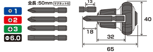 サンフラッグ (新亀製作所) タフ貫短ドライバー替ビットセット(NO6930) 製品図面